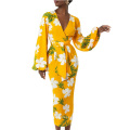 Summer 2020 New Yellow V Neck Print Slim Waistline Women Casual Dress